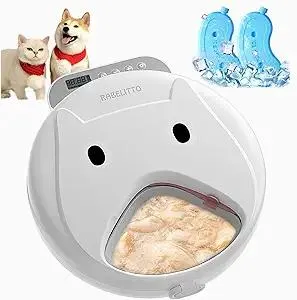Automatic Cat Feeder Wet&Dry Food-Cordless Pet Food Dispenser-Pet Fresh Food Refrigerated Container with 2 Ice Packs,Programmable Timer Battery Powered Feeder for Cat Samll Dog-4 Meals Per Day-White