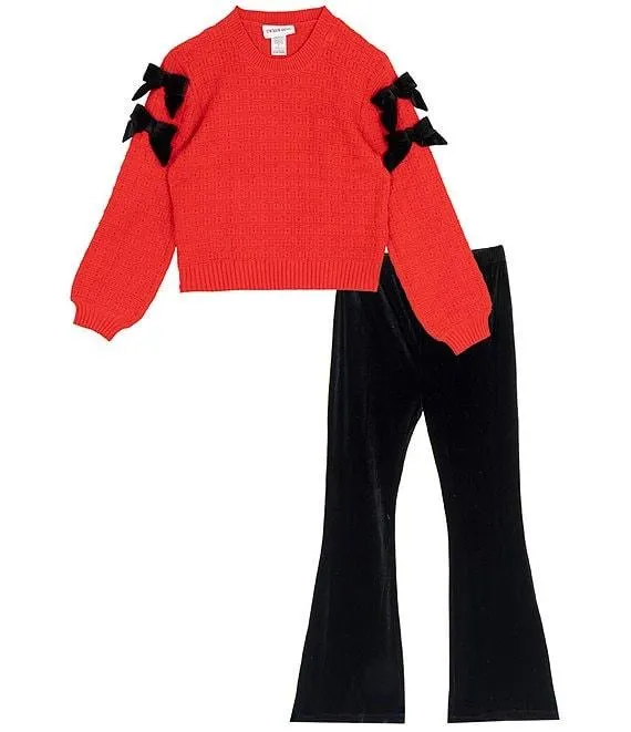 Big Girls Long-Sleeve Velvet-Bow-Trimmed Textured-Knit Sweater & Flare-Leg Velvet Pant Set