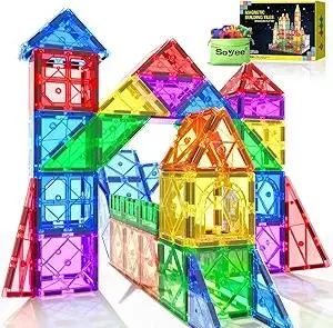 52PCS Magnetic Tiles Toys for 3 Year Old Boys and Girls Magnetic Building Blocks STEM Learning Toys Sensory Montessori Toys for Toddlers Kids