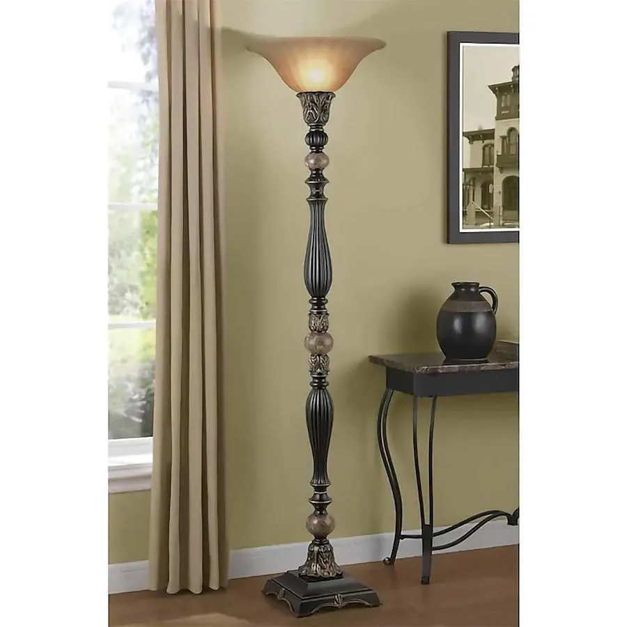 allen + roth Barada 72-in Bronze with gold highlights Torchiere Floor Lamp with Glass Shade