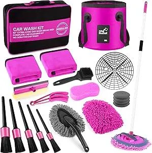 21Pcs Car Wash Kit,62" Car Wash Brush Mop with Long Handle,Pink Car Cleaning Kit,Car Detailing Brush Set,Car Wash Bucket with Filter,Windshield Window Squeegee for Cars RV Truck Boat