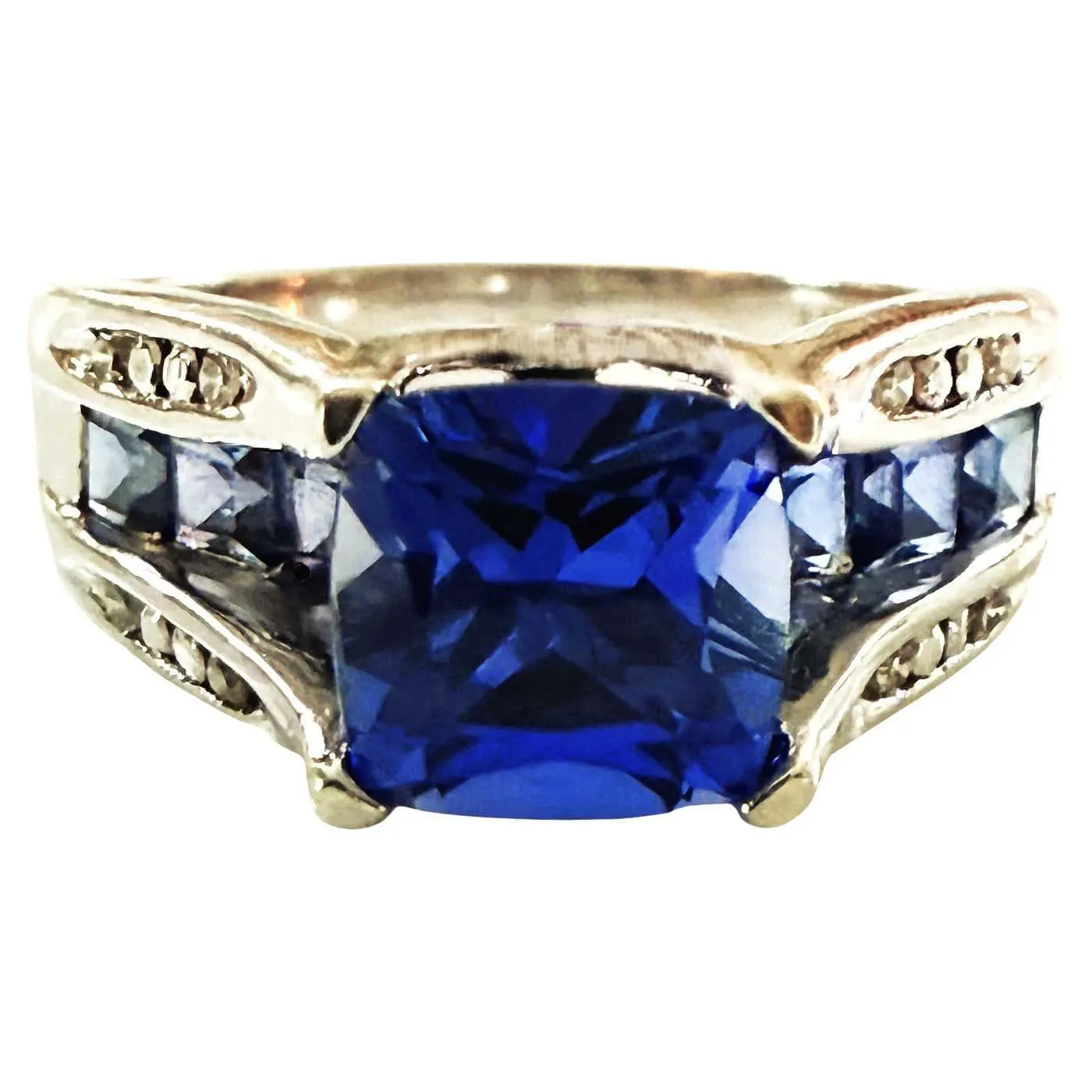 10k White Gold 2.32 Carat Princess Cut Tanzanite & Diamond Ring Size 7
