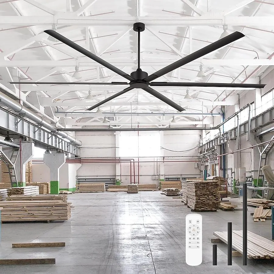 Breezary HVLS Oversized Industrial-Grade/Built-in Receiver 120-in Outdoor Matte Black with Black Aluminum Blades Ceiling Fan Without Light 6 -Blade )