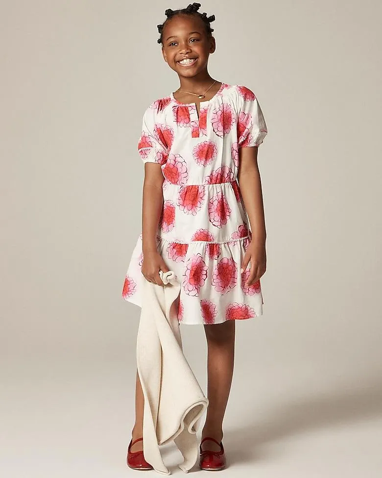 Girls' tiered puff-sleeve dress in peony floral