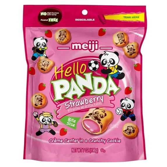 Meiji Hello Panda Strawberry Crème Cookies, Bite-Sized Kids Snack, 7oz Resealable Pouch