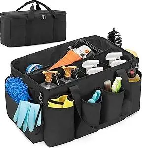 Detailing Bag with Polisher Carry Bag, Large Detail Bag Car Care Box for Auto Detailing Supplies, Car Wash Caddy & Trunk Organizer for Buffer Bottle Towel & Cleaning Kit, Black, Patent Design