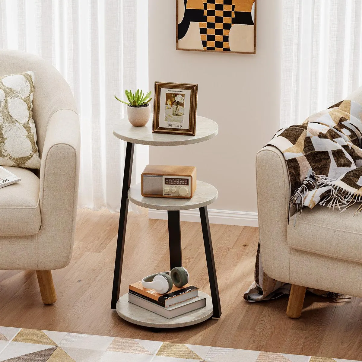 Vernestine Round End Table Side Table with 3-Tier Shelves