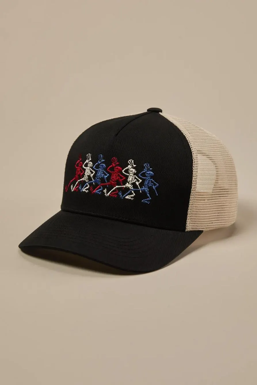 dancing skulls americana trucker hat