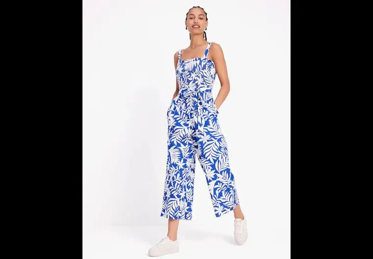 Tropical Foliage Smocked Jumpsuit