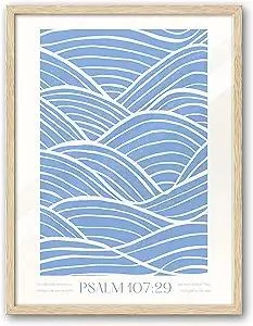 EcoHest Modern Christian Ocean Waves Framed Wall Art, 12x16 in OAK Wood Christian Psalm 107:29 Canvas Wall Art, Beige Logs Storm Home Decor Set of 1 for Bedroom Living Room