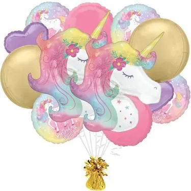 Premium Enchanted Unicorn Foil Balloon Bouquet with Balloon Weight, 13pc