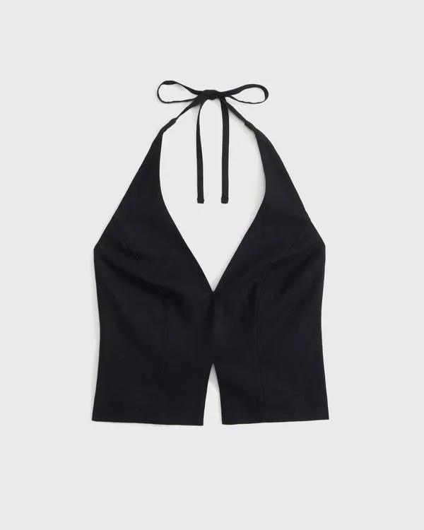 Linen-Blend Tailored Halter Vest