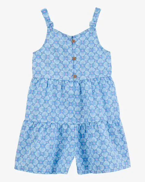 Baby Floral Print Button-Front Romper - Blue