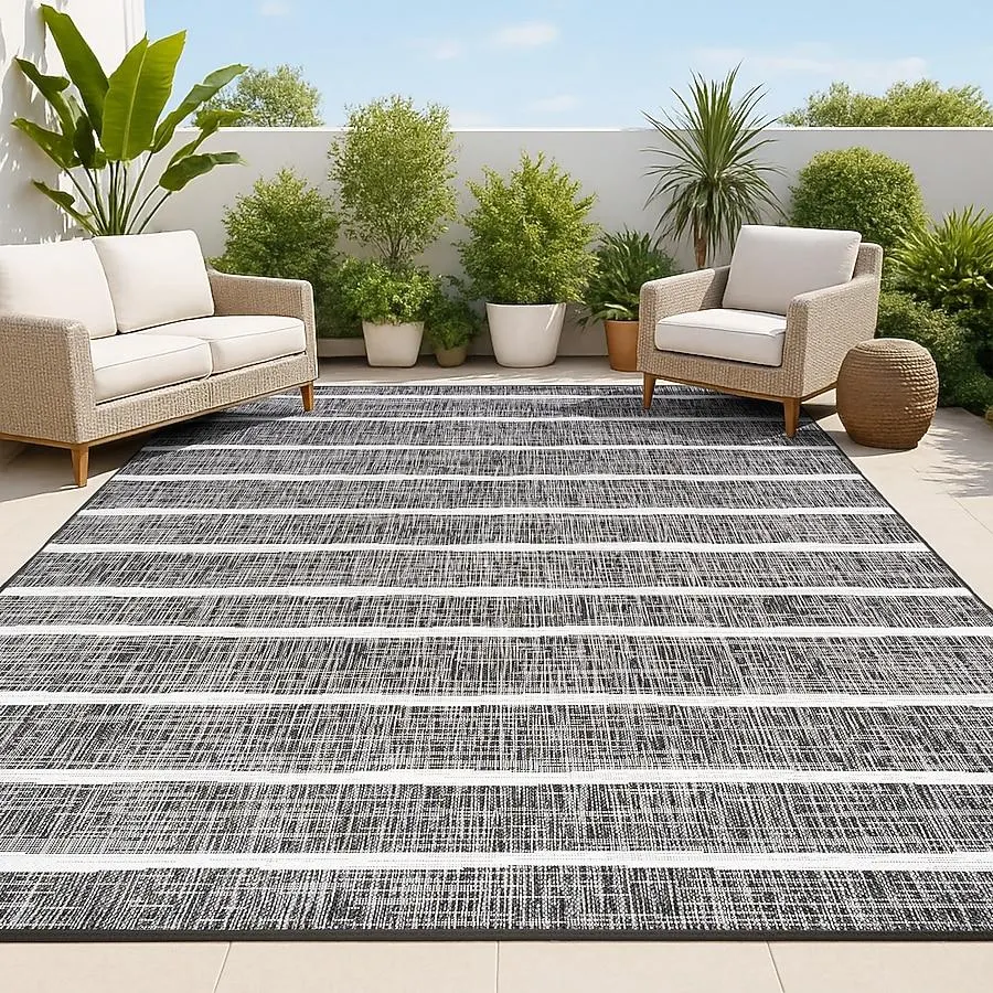 JONATHAN Y SANTA MONICA Colonia Berber Stripe 8 x 10 (ft) Loomed Black/Ivory Rectangular Indoor/Outdoor Stripe Bohemian/Eclectic Pet Friendly Area rug