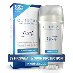 Secret Clinical Strength Antiperspirant Deodorant for Women, 3X Stress Protection, 72hr Sweat & Odor Protection, PH Balancing Minerals, Invisible Solid, Completely Clean Scent, 2.6 oz