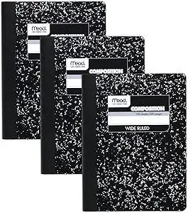 Mead Composition Notebook, 3 Pack, Wide Ruled Paper, 7-1/2" x 9-3/4", 100 Sheets per Comp Book, Black Marble (38301)