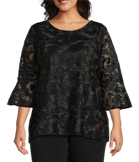 Plus Size Bella Soiree Embroidered Mesh Lace Scoop Neck 3/4 Bell Sleeve Tunic