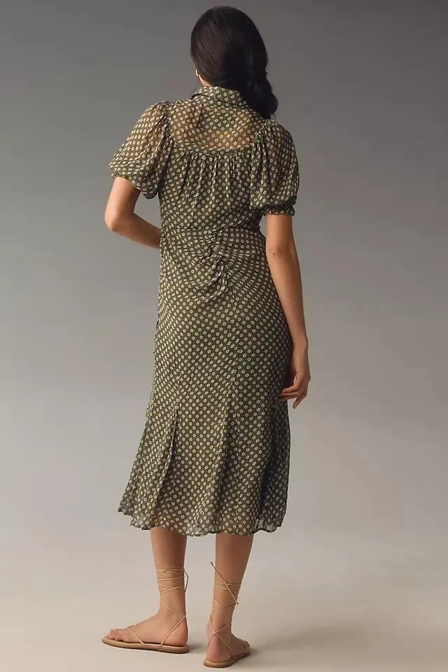 By Anthropologie Puff-Sleeve Ruched Mesh Midi Shirt Dress