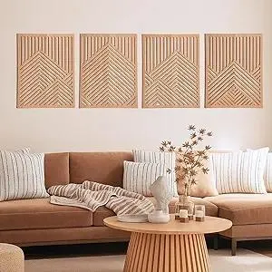 Wesiti 4 Pcs Wooden Mountain Wall Art Decor Large Abstract Wall Art for Living Room Modern Wood Panel Line Sculptures Nature Rustic Forest Hanging Decor for Office Bedroom Bathroom 17 x 12''