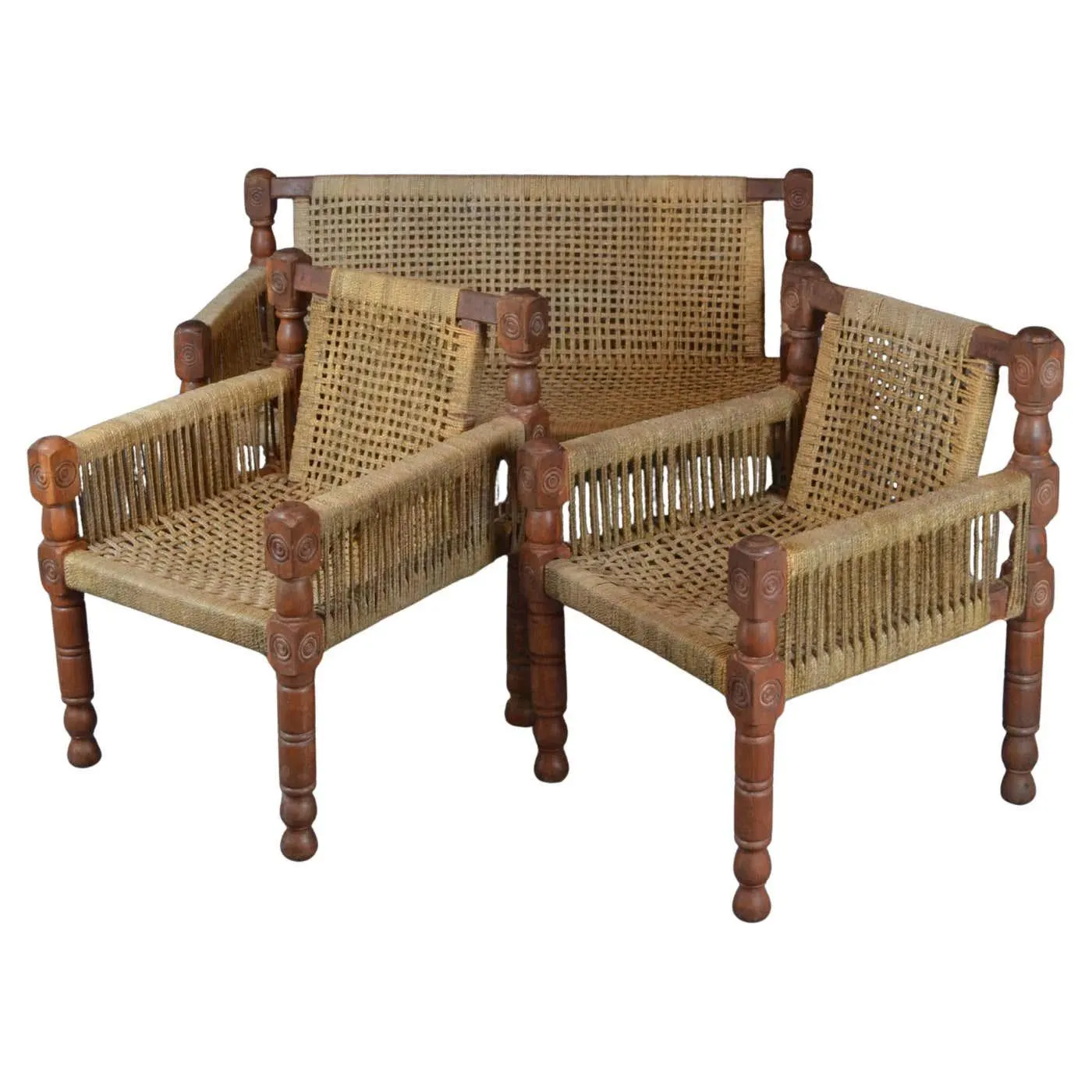 Set of two armchairs and one 2-seater armchair, Audoux-Minet