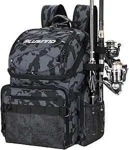 PLUSINNO Cooler Fishing Backpack with Rod Holders 45L Large Water-resistant Fishing Tackle bag Store Fishing Gear Fishing Gifts for Men Father