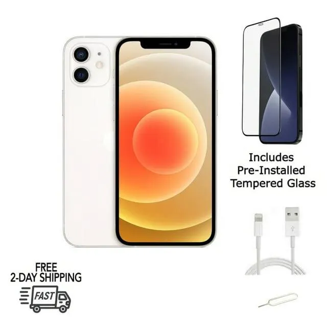 Restored Apple iPhone 12 (Fully Unlocked) 64GB White (A2172) Bundle with Pre-Installed Tempered Glass (Refurbished)