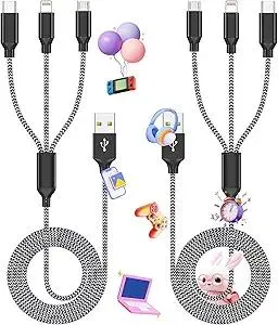 Multi Charging Cable,(2Pack 4FT) 3 in 1 Charging Cable for Multiple Devices, Nylon Braided Universal Charger Phone Charger Cord with Type-C,Micro USB,IP Port for iPhone16/15 Series/Phone&Pad