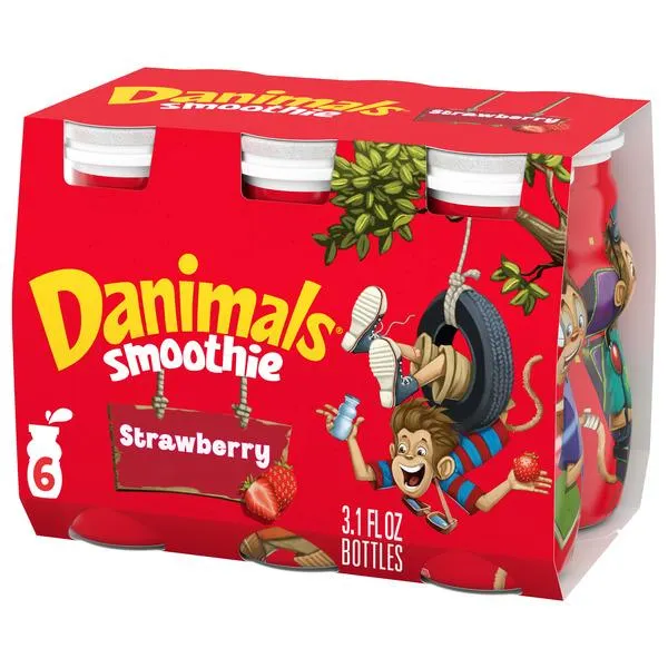 Danimals Smoothie Strawberry Explosion Dairy Drink Multi-Pack, Easy Snacks for Kids, 6 Ct, 3.1 OZ Smoothie Bottles