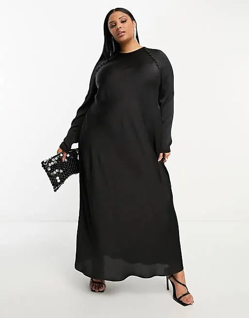 ASOS DESIGN Curve satin biased maxi dress with button detail in black