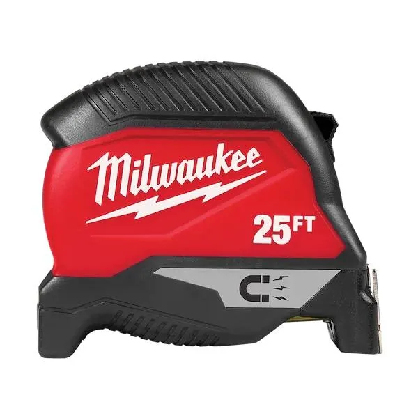 48-22-1025M Magnetic Tape Measure, 25 ft L Blade, 1 in W Blade, Steel Blade, Plastic Case, Black/Red Case