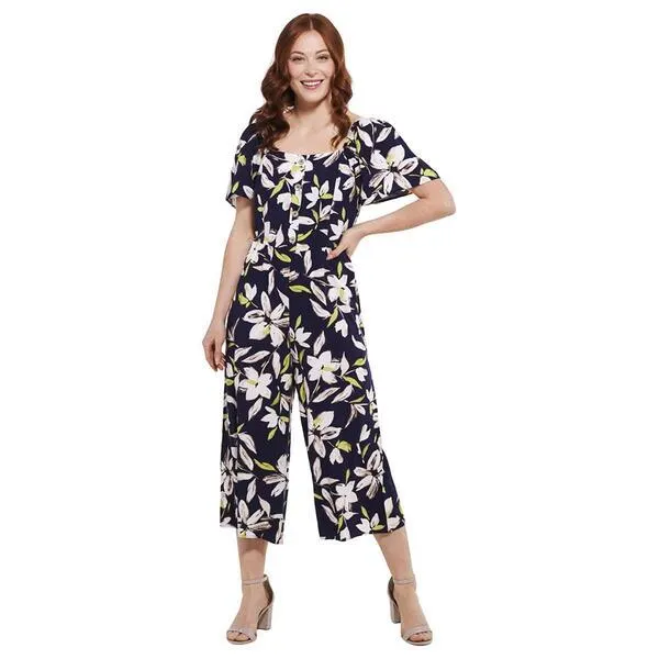 Womens Luxology Short Sleeve Square Neck Floral Jumpsuit