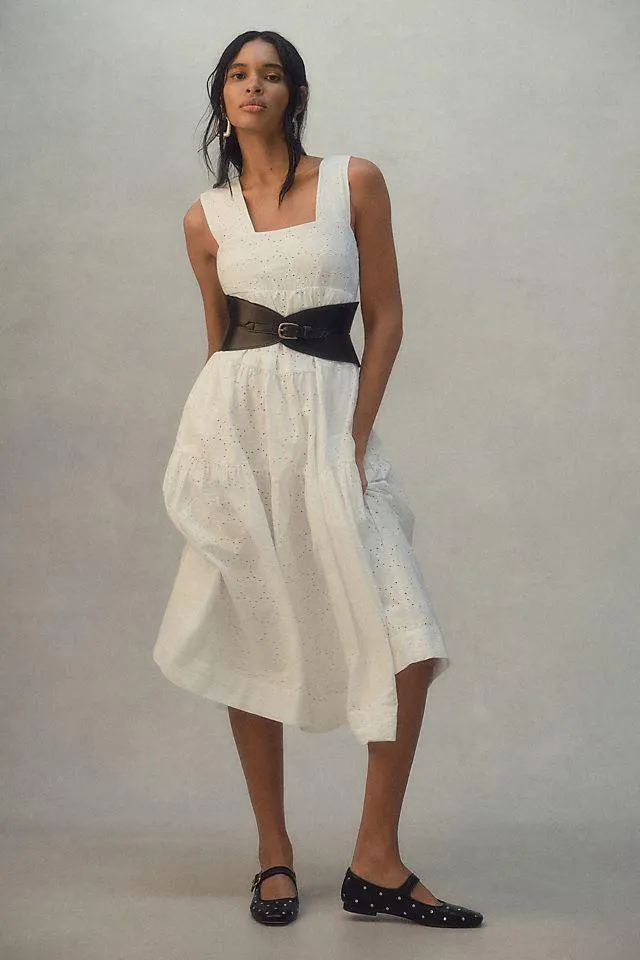 By Anthropologie Square-Neck Eyelet Tiered Midi Dress