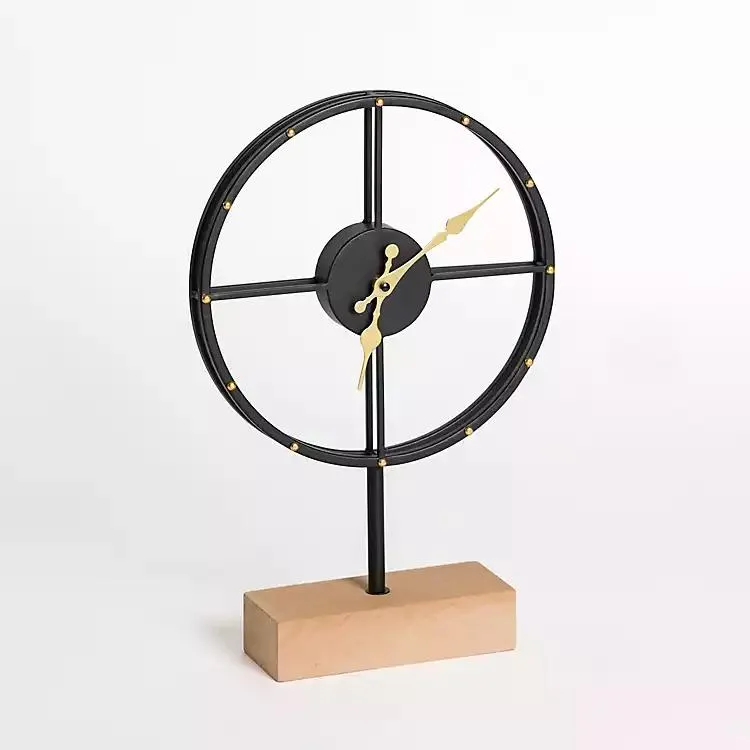 Black and Gold Metal Clock with Wooden Base