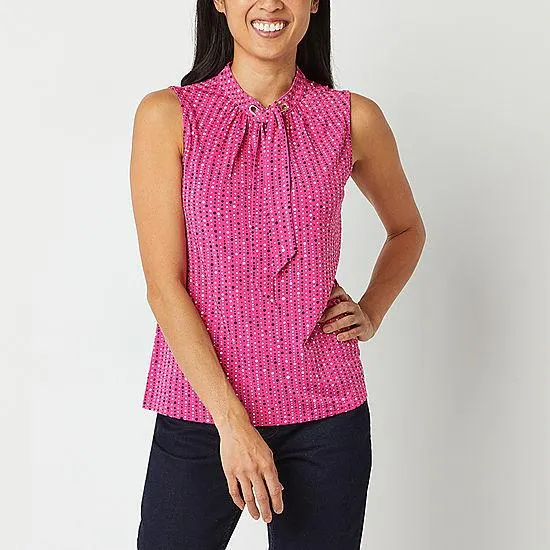 Liz Claiborne Womens Split Tie Neck Sleeveless Blouse