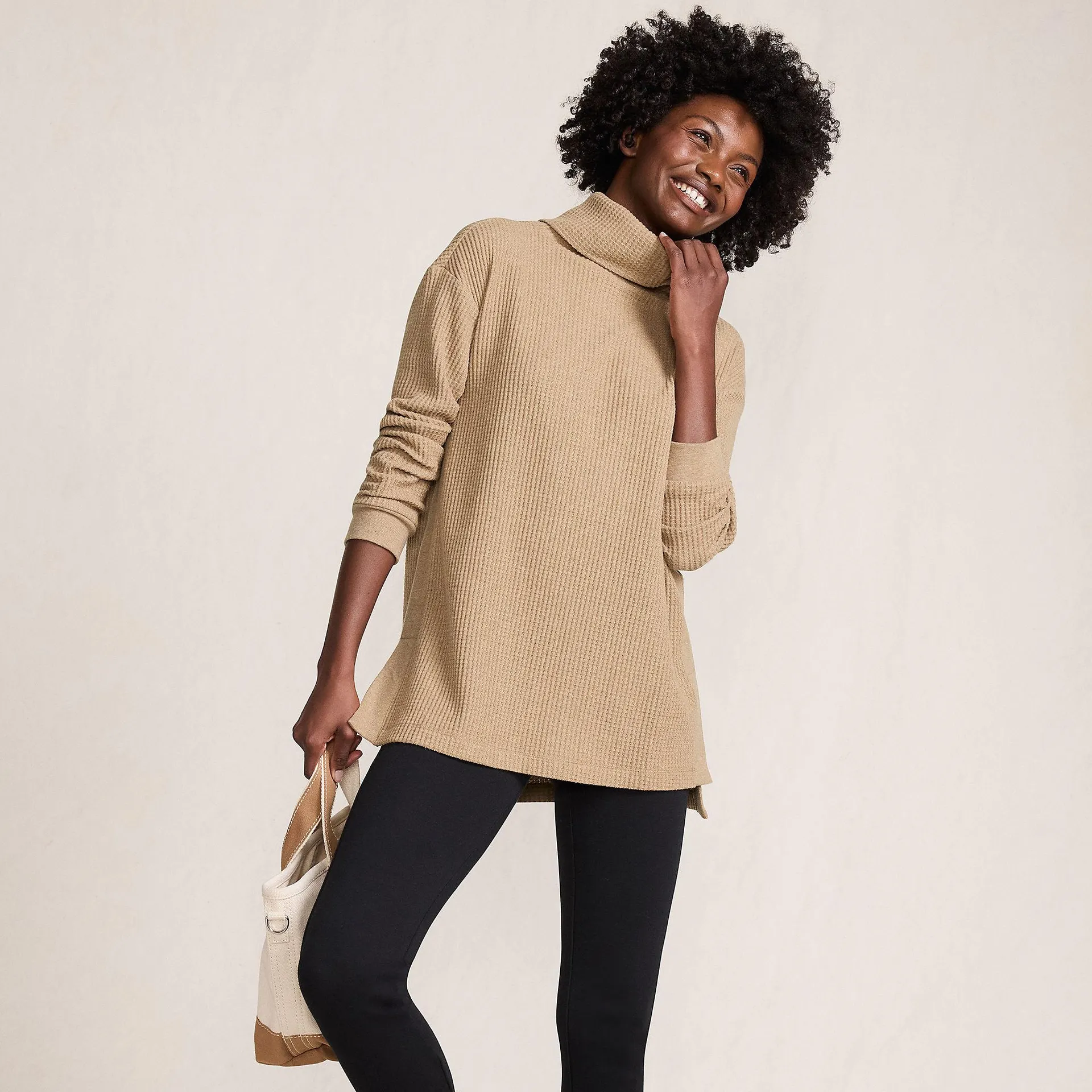 Women's Long Sleeve Waffle Cowl Neck Tunic