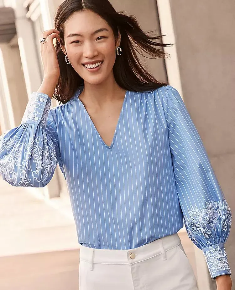 Striped Embroidered V-Neck Popover