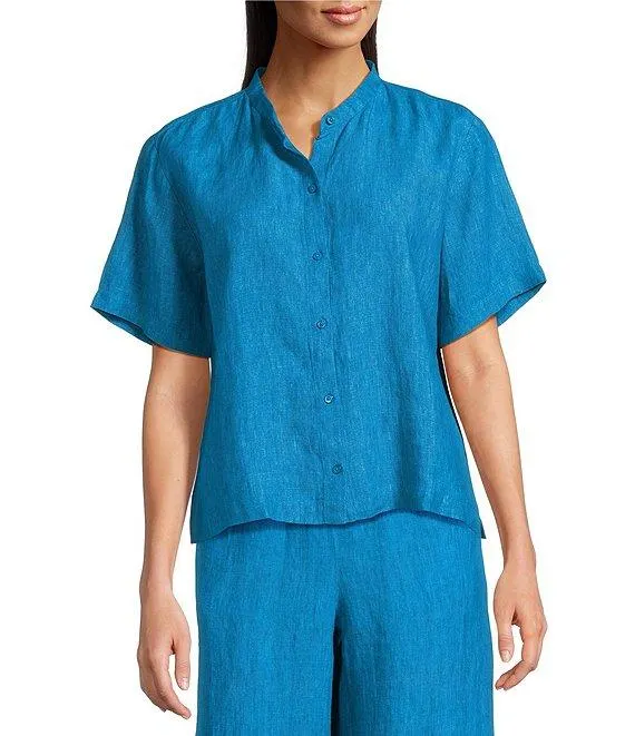 Washed Organic Linen Mandarin Collar Short Sleeve Button Front Top