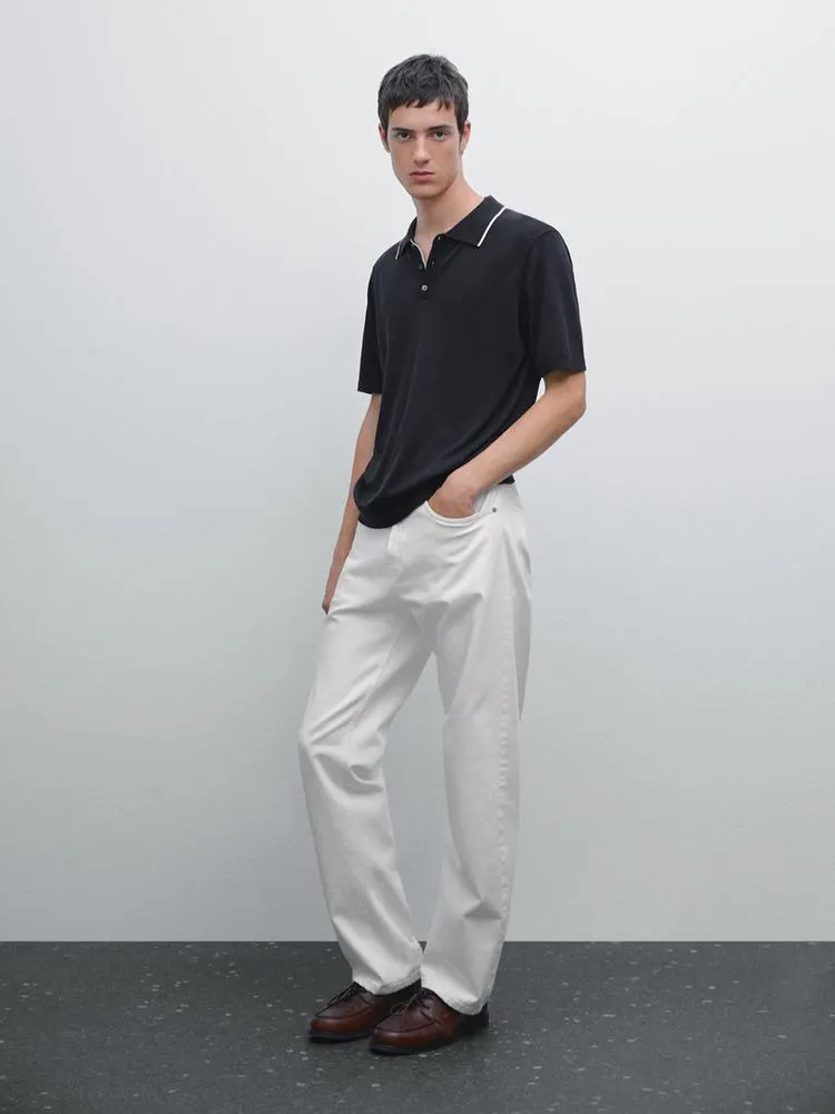 Knit polo shirt with coloured collar detail