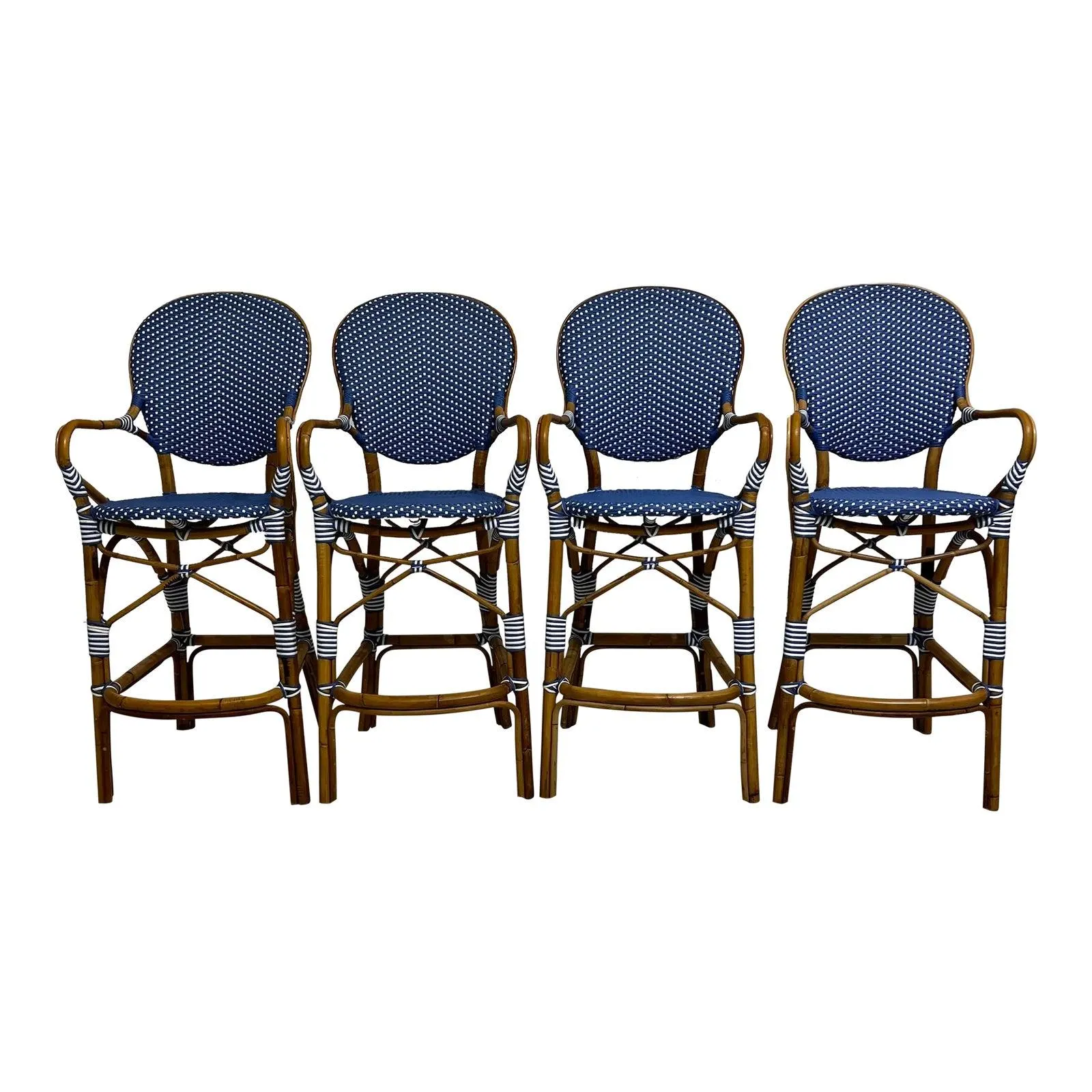 Frontgate French Bistro Natural Cane Rattan Bar Kitchen Stool Set of 4 Attributed Maison Gatti