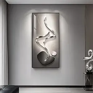 Large Framed Modern Abstract Vertical Wall Art for Living Room, Black Grey Prints Wall Paintings Artwork for Walls, Silver Gray Luxury Wall Pictures for Hallway Entryway Foyer Stair Office Wall Decor 30x60 Inch
