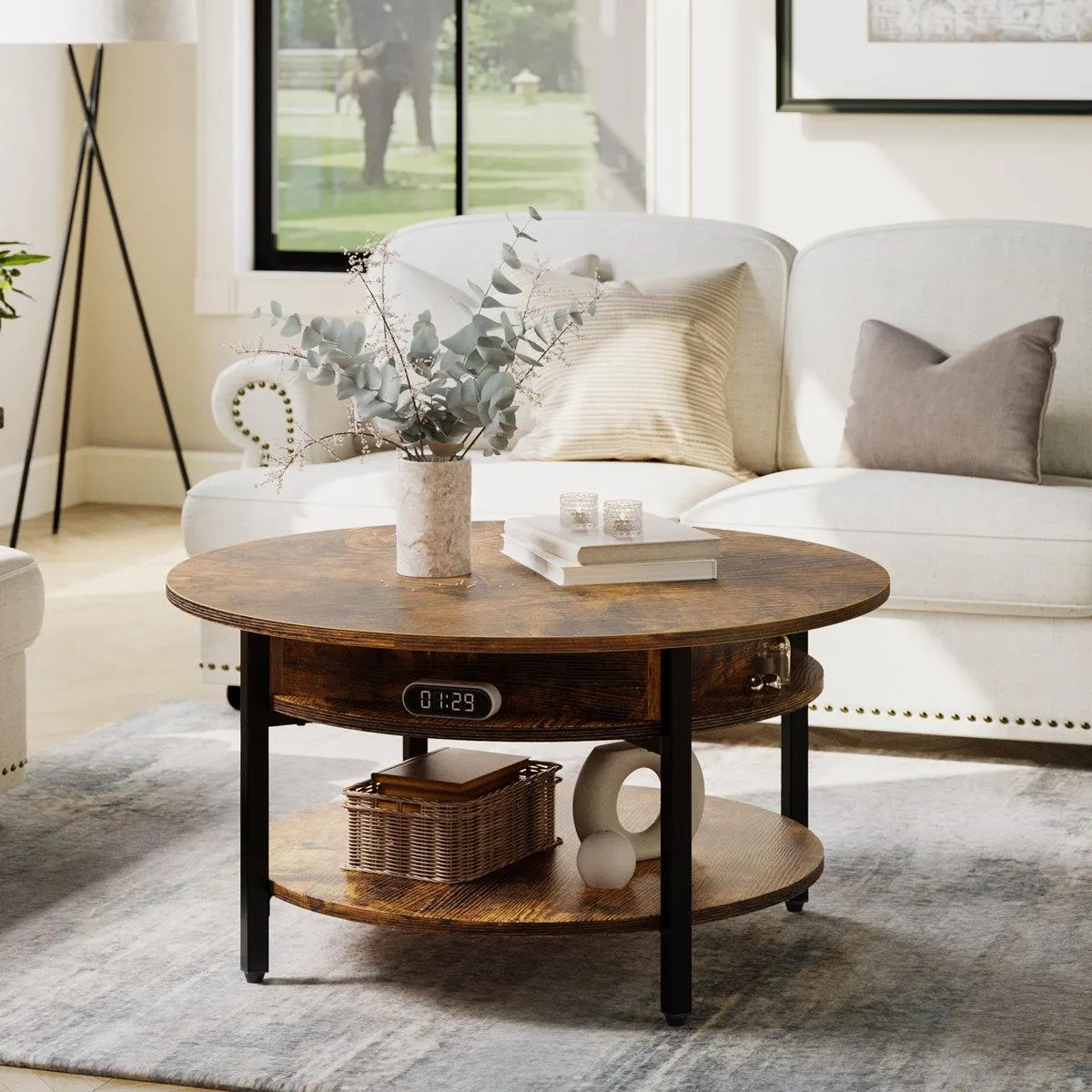 Wynny Round Lift-Top Wood Coffee Table with Storage