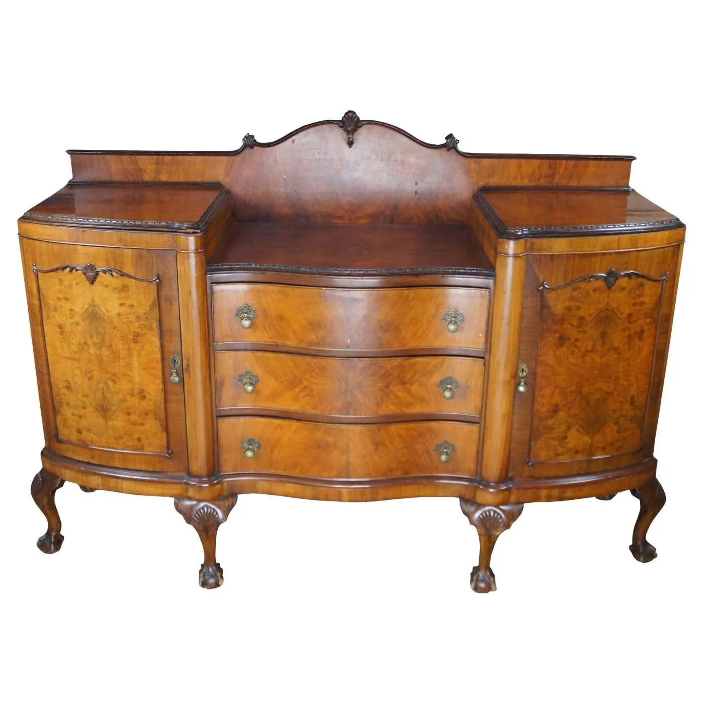 Antique English Chippendale Walnut Burl Serpentine Buffet Sideboard Credenza 71"