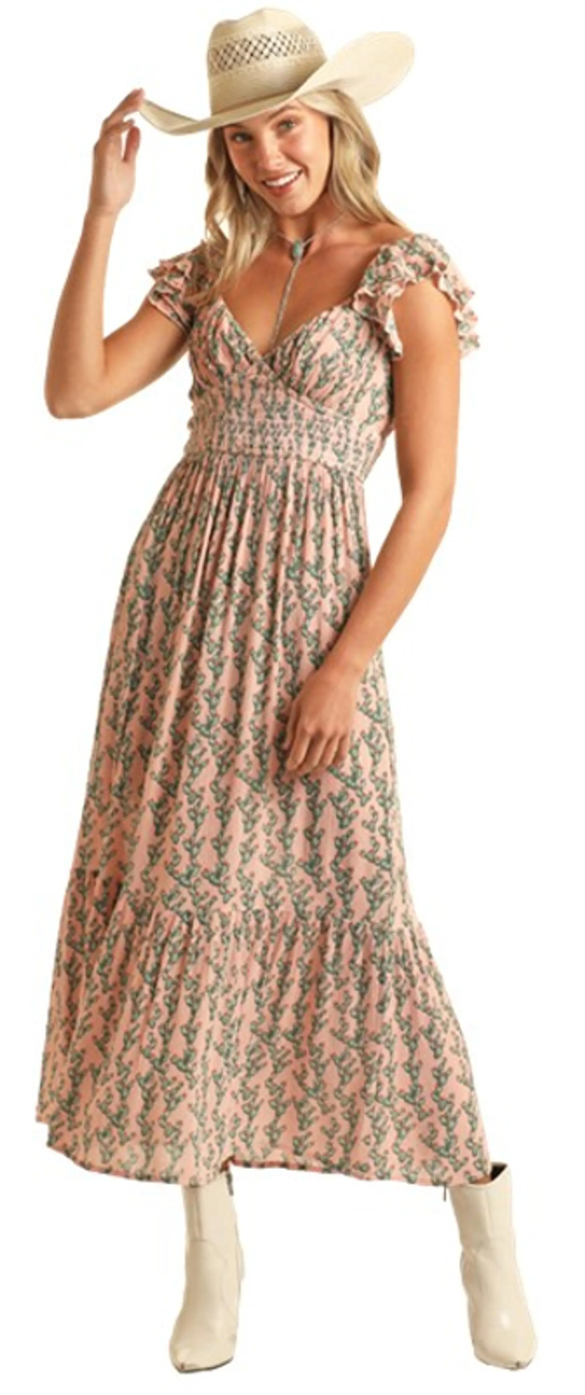 Rock & Roll Denim Ladies Pink with Allover Cactus Print Maxi Dress