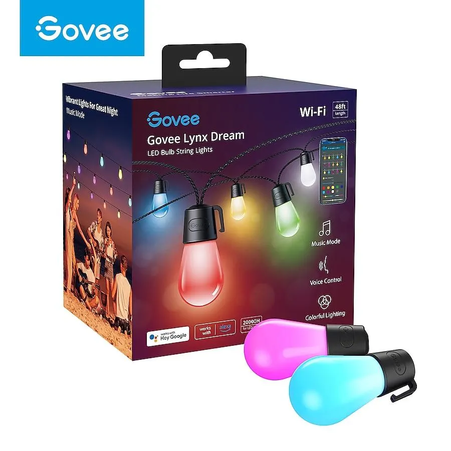 Govee 48-ft Plug-in Multicolor Indoor/Outdoor String Light with 15 Color changing -Light LED Edison Bulbs Bluetooth Compatibility Wi-Fi Compatibility