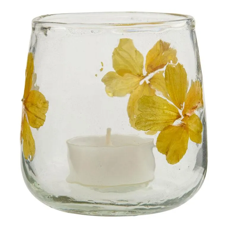 Handblown Glass Yellow Flower Tealight Candle Holder