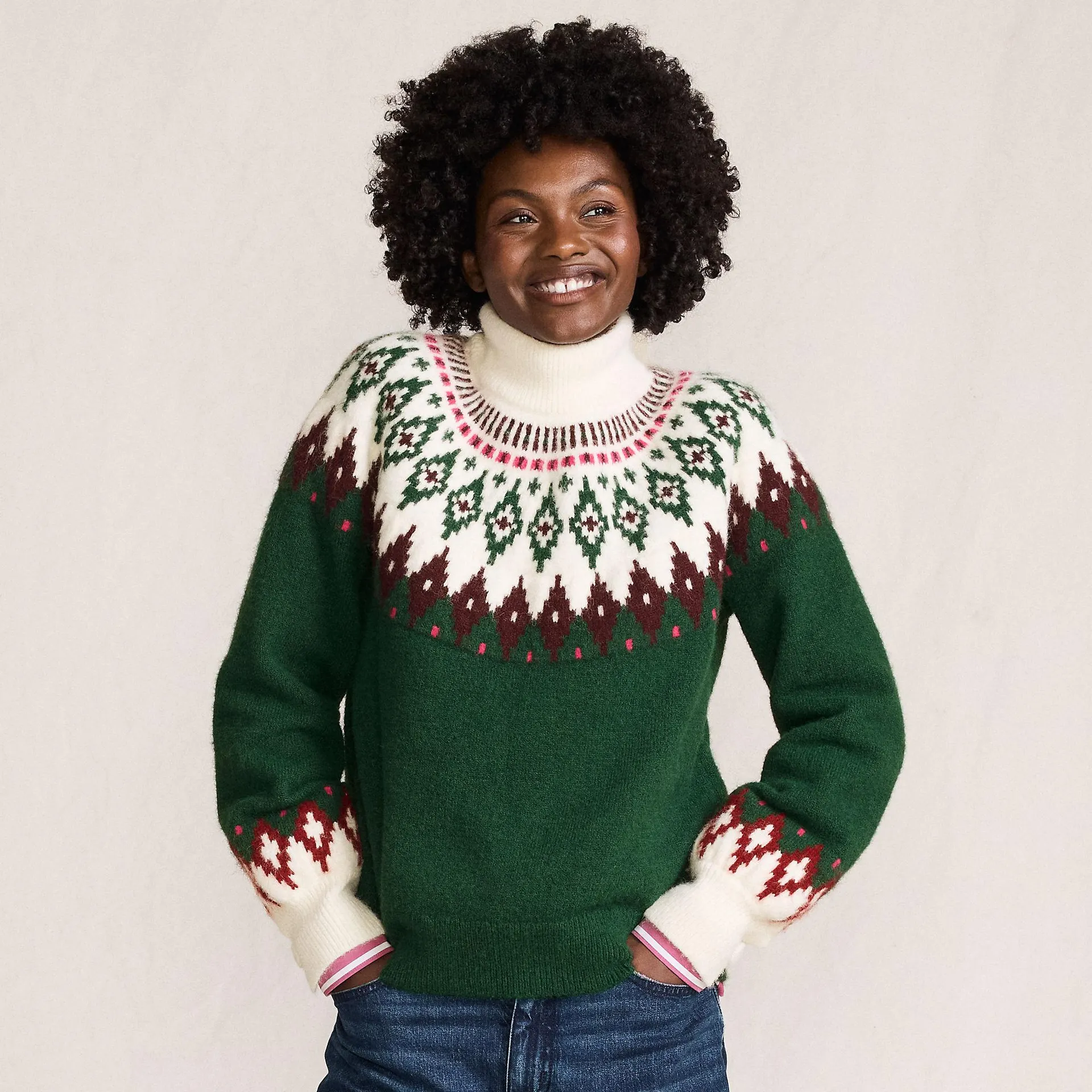 Women's Fuzzy Turtleneck Lantern Sleeve Jacquard Sweater