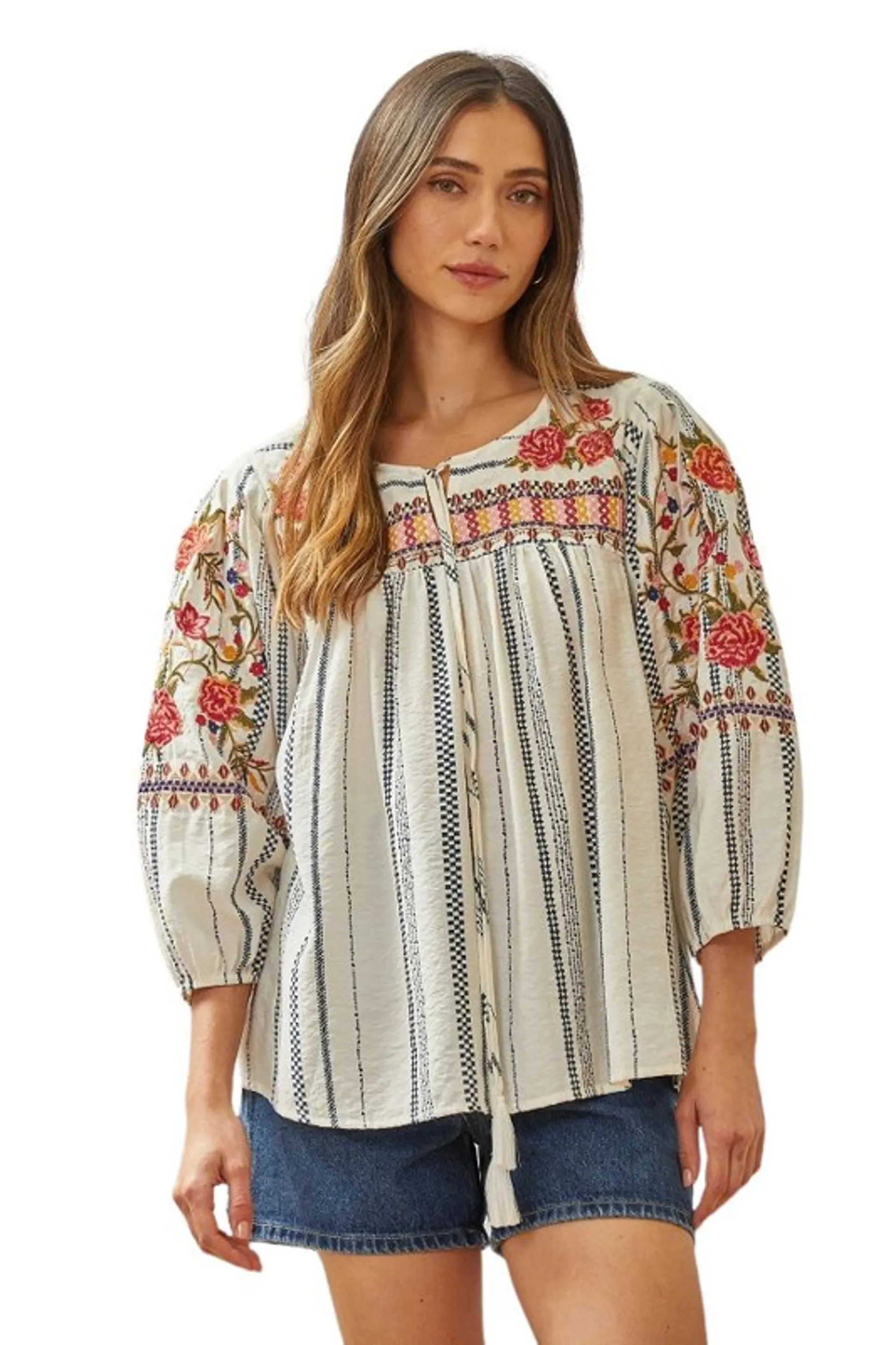 Savanna Jane Women's Ivory Babydoll Floral Embroidery 3/4 Sleeve Shirt
