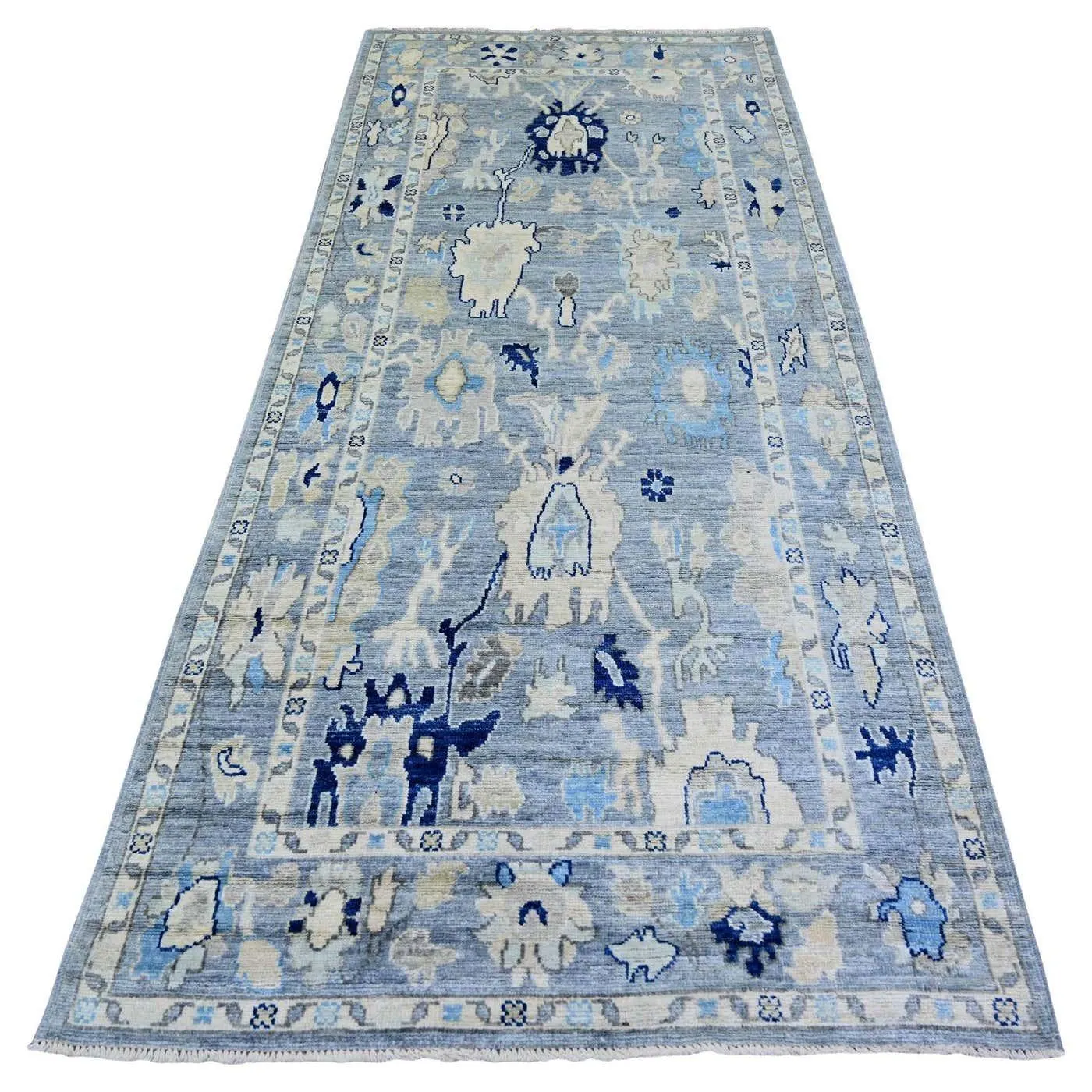 4'2"x9'5" Blue Afghan Angora Oushak with Leaf Design Hand Knotted Pure Wool Rug