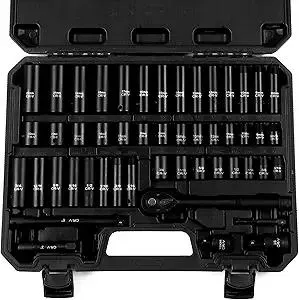 50-Piece 3/8" Drive Socket Set, SAE (5/16"-3/4") & Metric (8mm-22mm), Deep & Shallow, 72-Tooth Ratchet Wrench, Extension Bars, 1/2" F to 3/8" M Reducer, Universal Joint & Power Drill Adapter