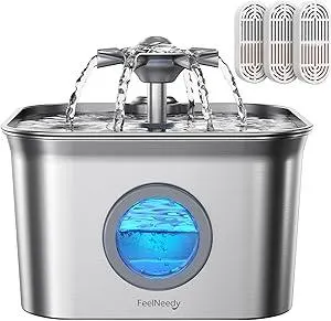 Stainless Steel Cat Water Fountain for Drinking with 3 Filters, 2.8L Auto Pet Drinking Fountain for Cats with 20dB Ultra-Quiet Pump, 24/7 Circulation Filtration LED Water Level Window Dishwasher Safe